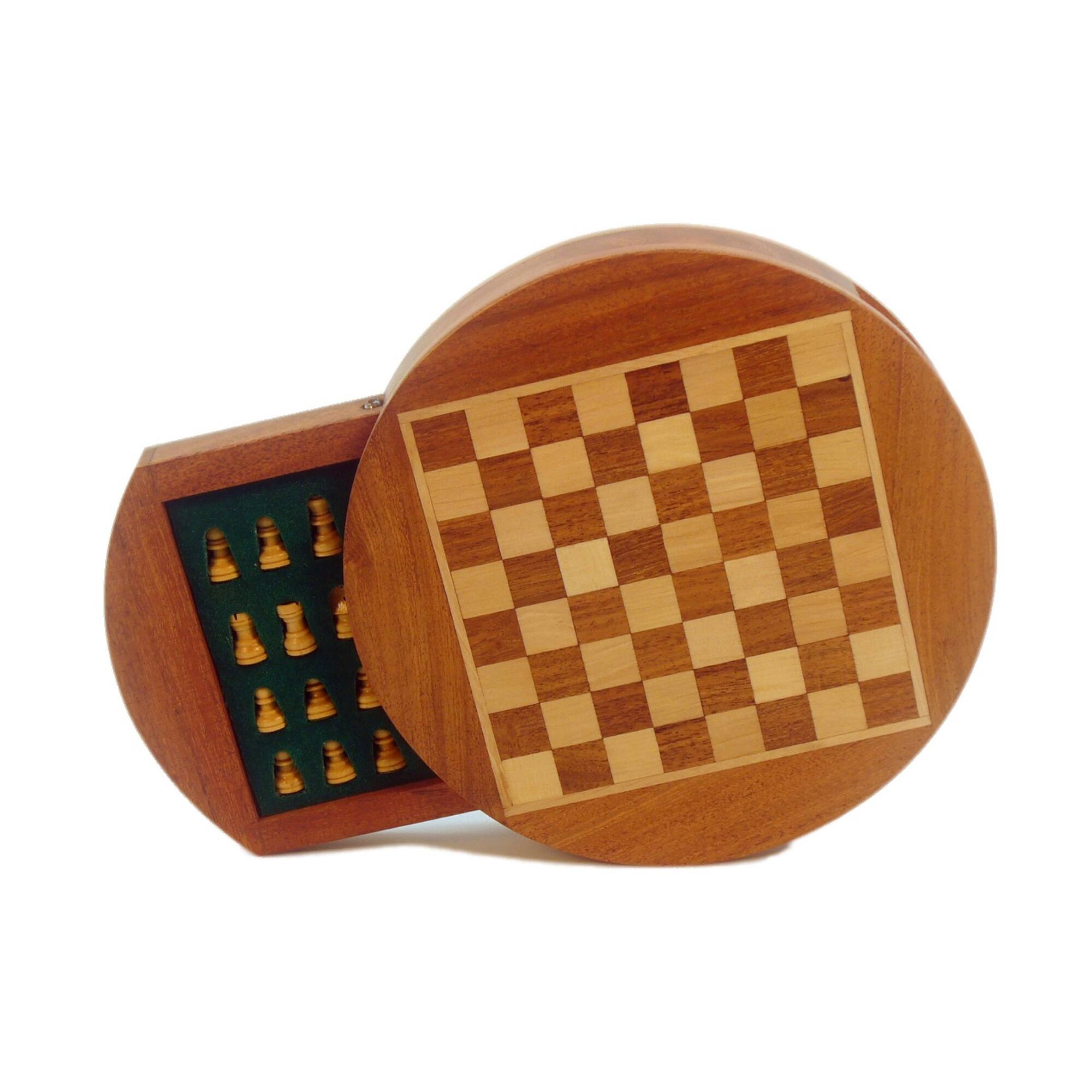 6" Magnetic Round Wood Inlaid Chess Set with Slide Drawer